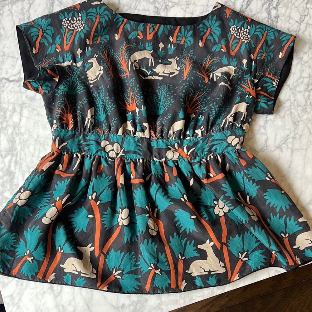 Anna Sui for Anthropologie SILK Peplum Blouse with Whimsical Print